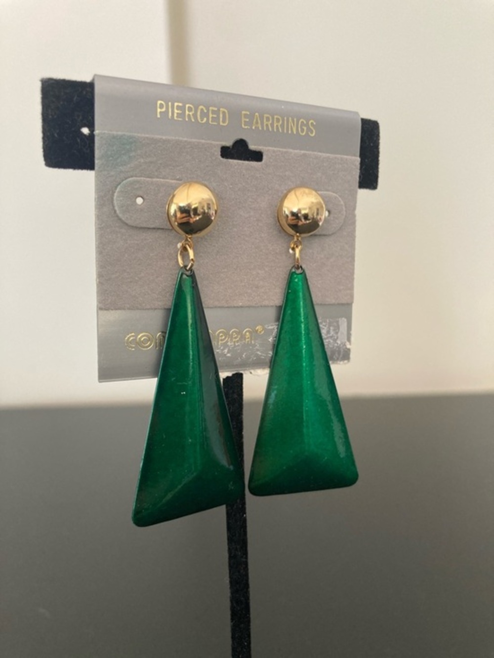 Green Geometric Drop Earrings with Gold Posts